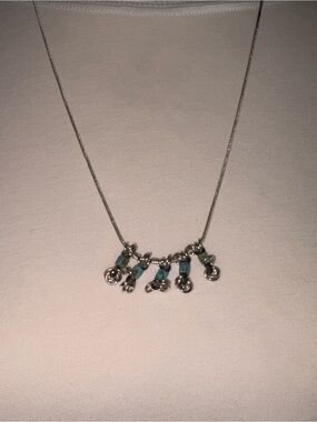 Silver Charm Bar Necklace with Turquoise Accent
